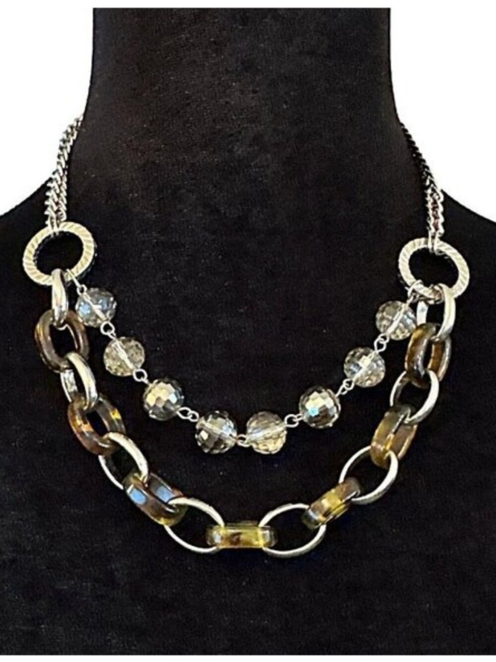 Ann Taylor LOFT Necklace Two Tier Beaded Tortoise Shell Chain Link Silver Tone